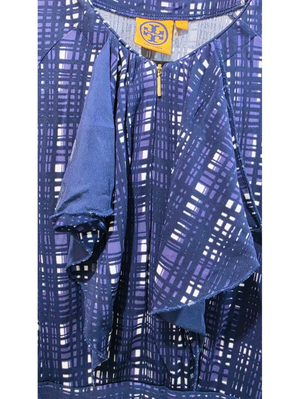 Tory Burch Navy Blue Patterned Ruffle Dress Size Small
